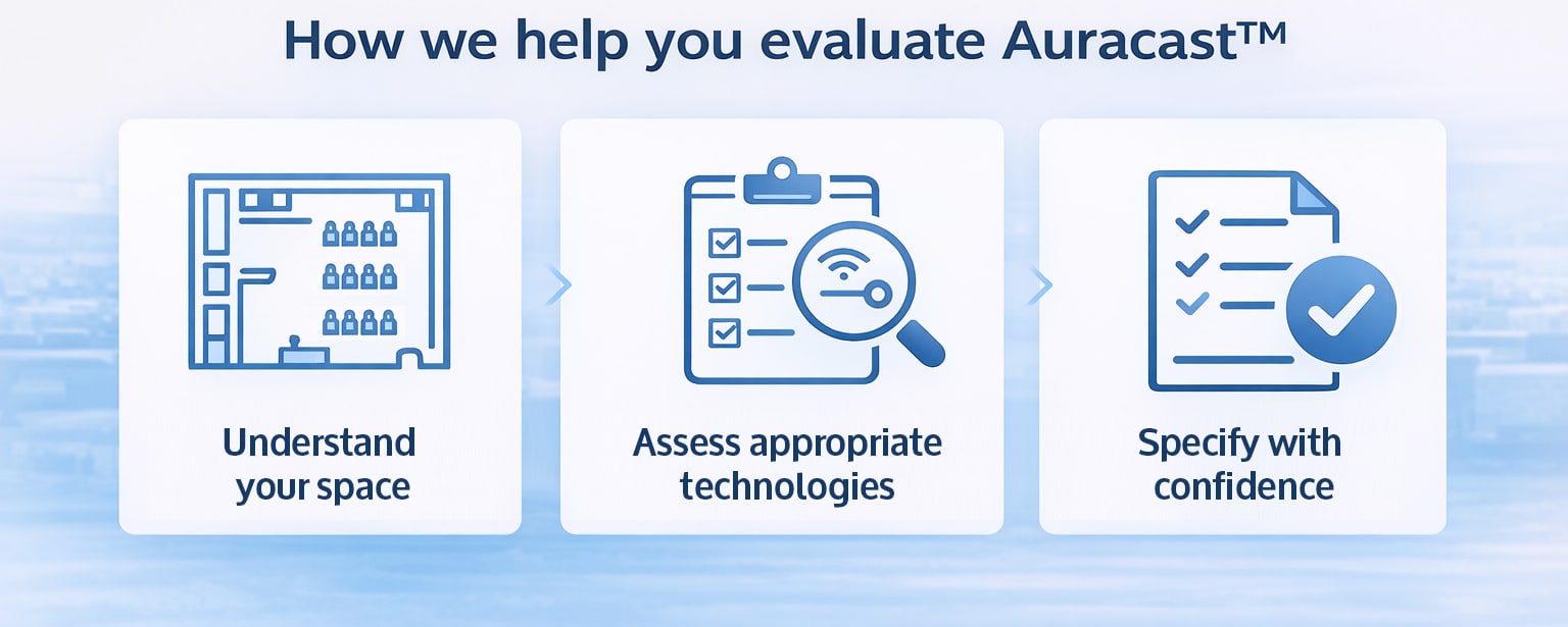 Three-step overview showing how Complete Hearing Solutions helps evaluate Auracast™ suitability for venues.